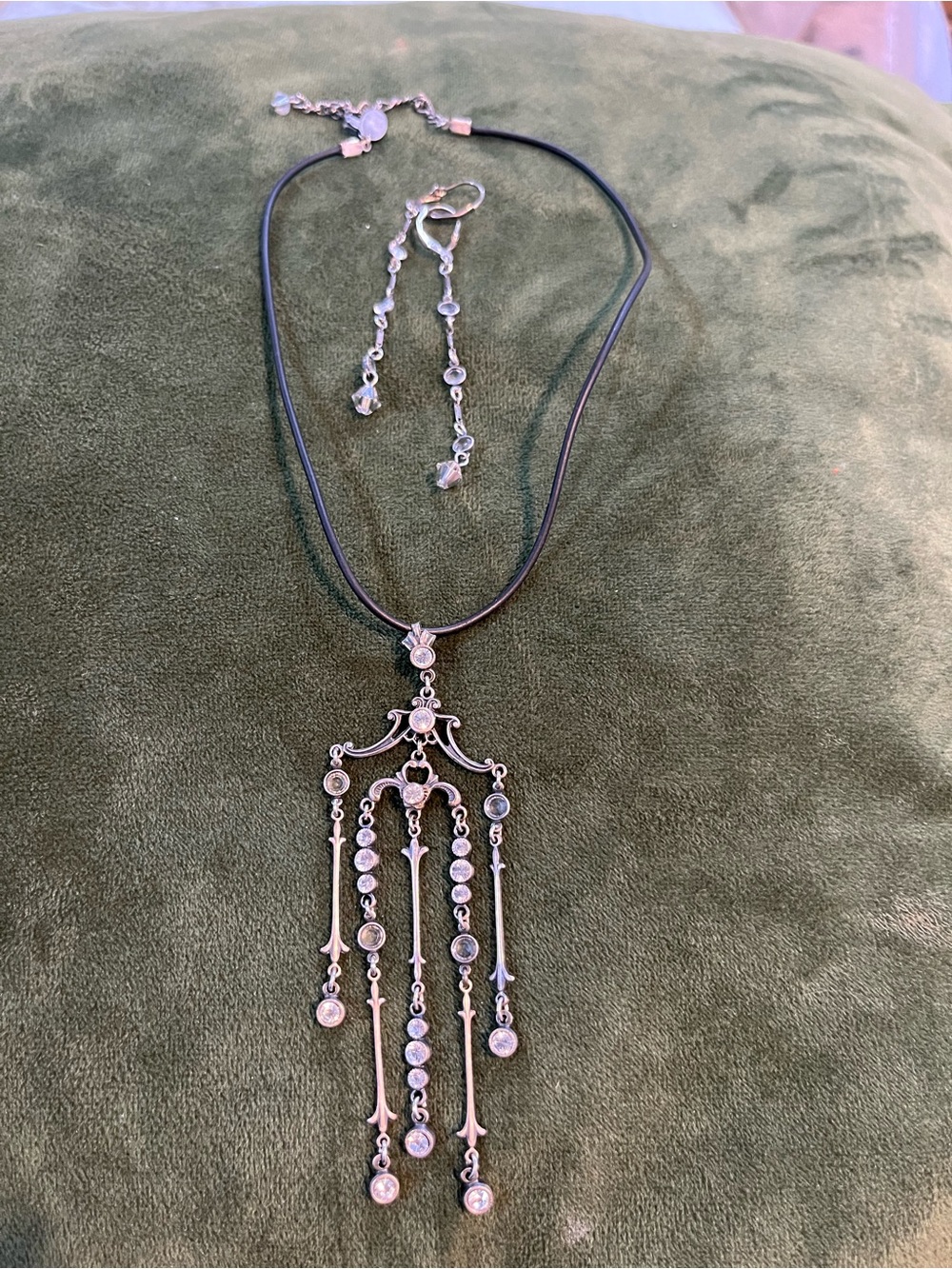 Silver-Tone Dangle Fringe Necklace with Crystal Accents and matching earrings